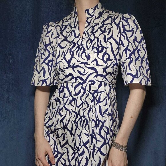 Vintage 60s navy blue and white empire waist babydoll maxi column dress - Picture 2 of 15